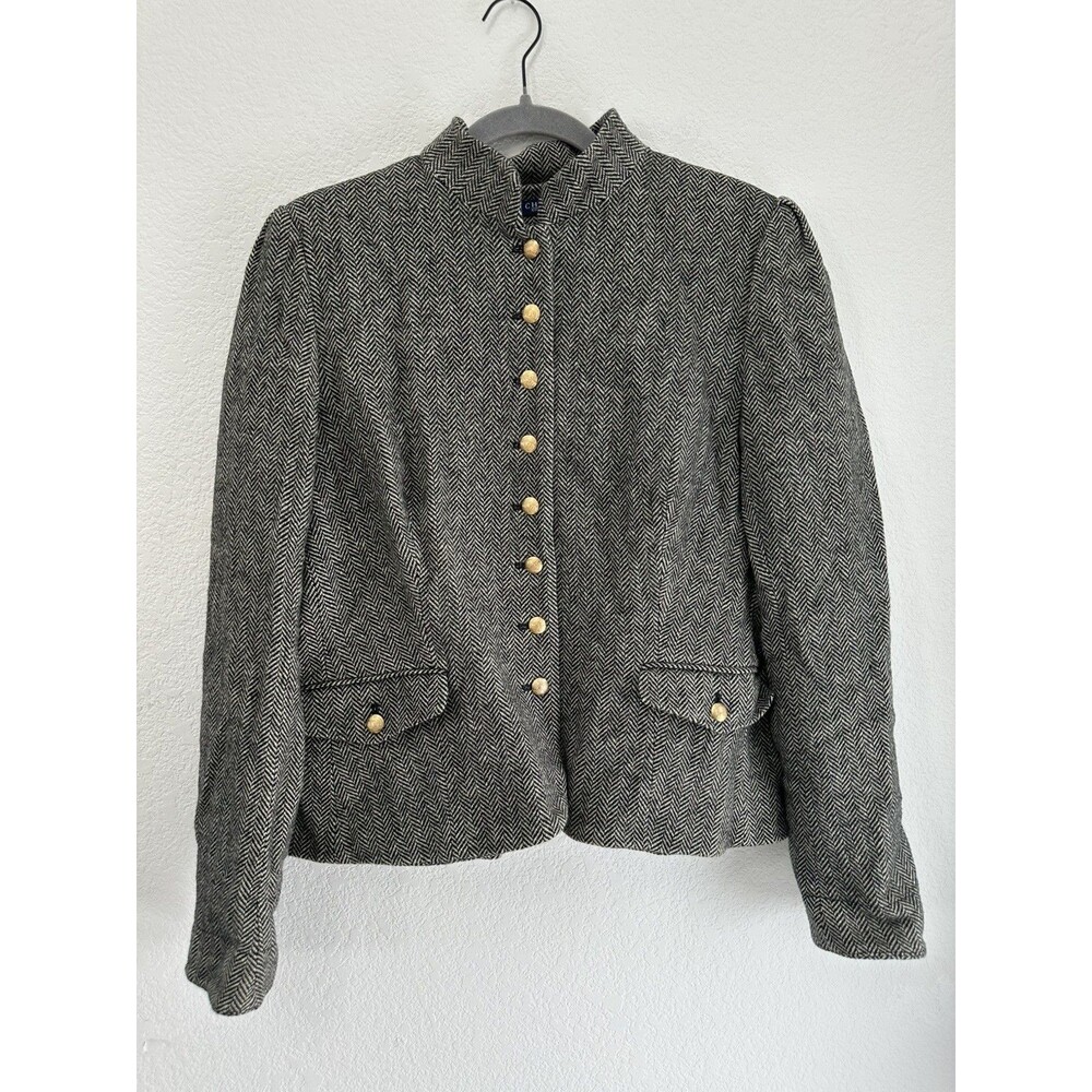 Chaps Jacket Women XL Black Herringbone Gold Crown Buttons Military Wool